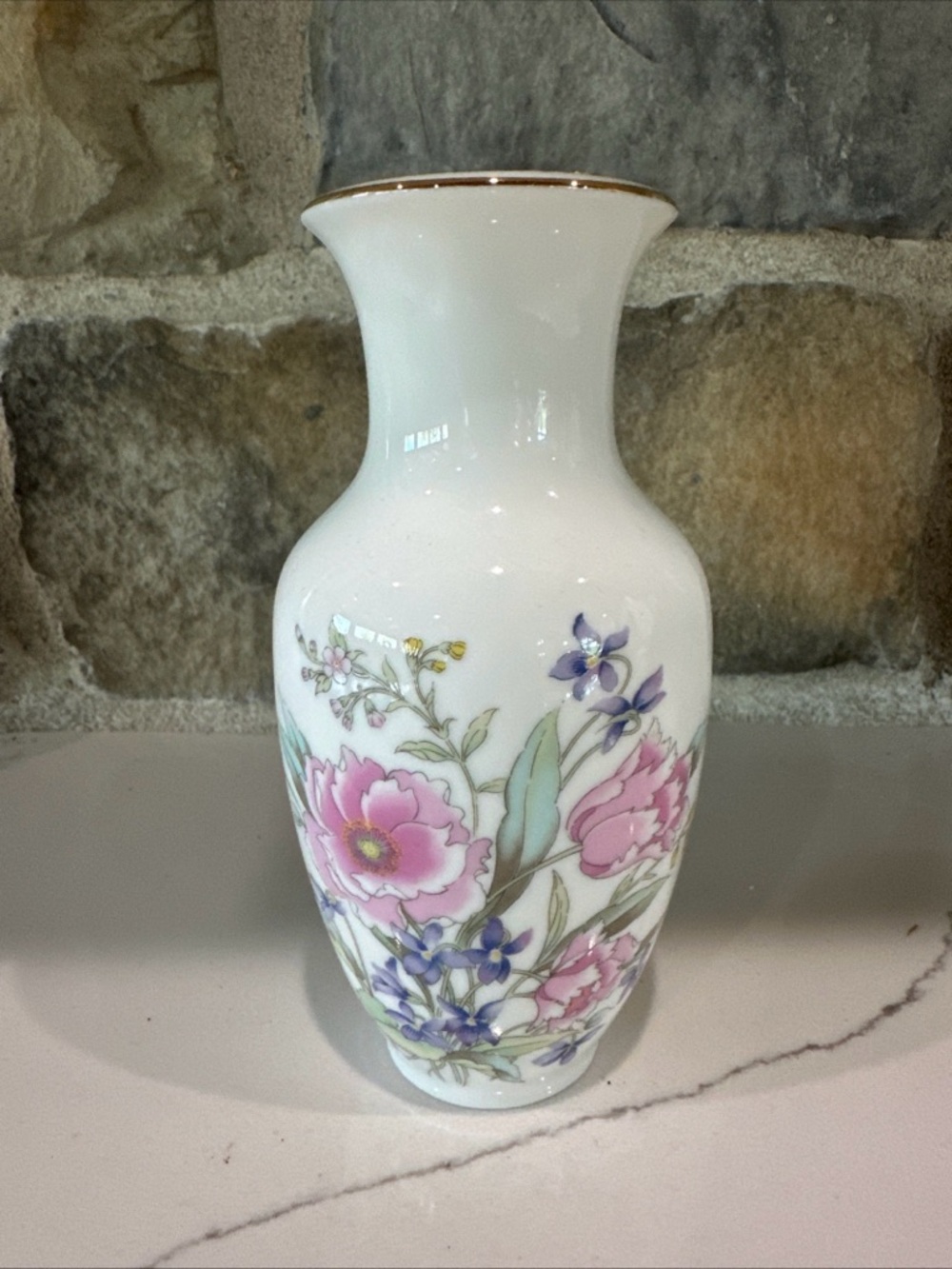 Vtg 1980's Japan Vase Fine China White Porcelain Pink Blue/Purple Yellow Flowers